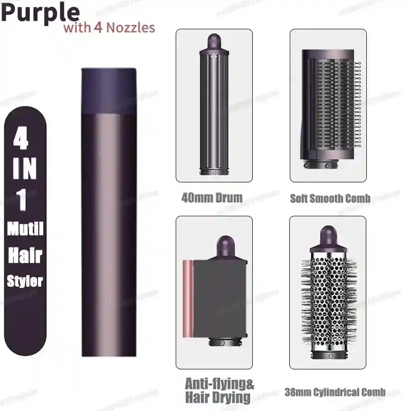 Purple 4-in-1 multi hair styler with auto-curling drum, smooth comb, hair dryer, and cylindrical volumizing brush.