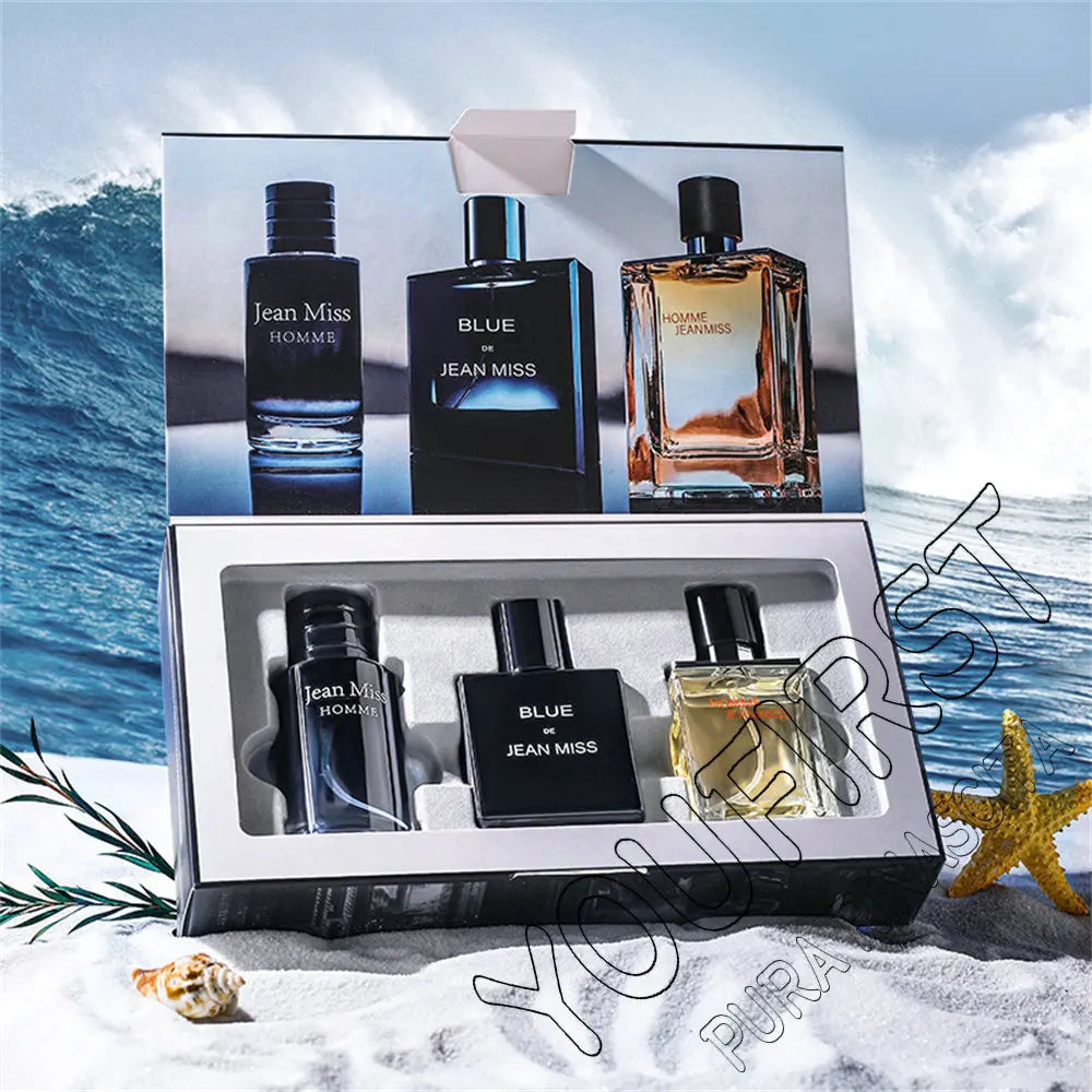 Jean Miss 3-piece men's cologne gift set. Includes Homme and Blue EDP glass bottles in a beach-themed display box.