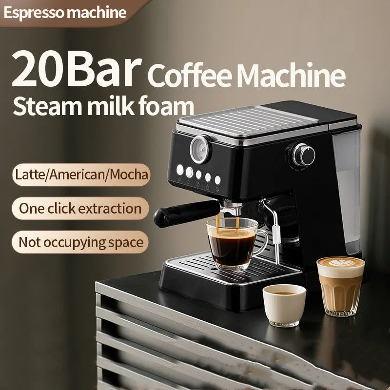 Black 20-bar espresso coffee machine with steam wand for milk foam, compact design, and pressure gauge.