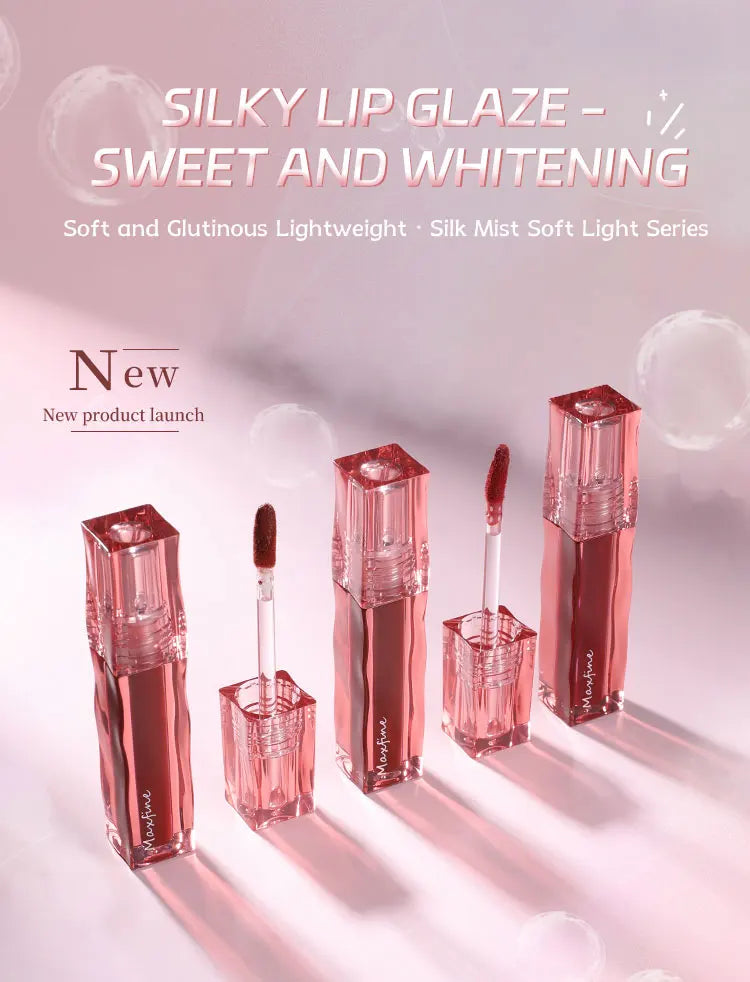 Moisturizing long-wear liquid lipstick in clear square tubes with soft-tip applicators in a pigmented red lip glaze.