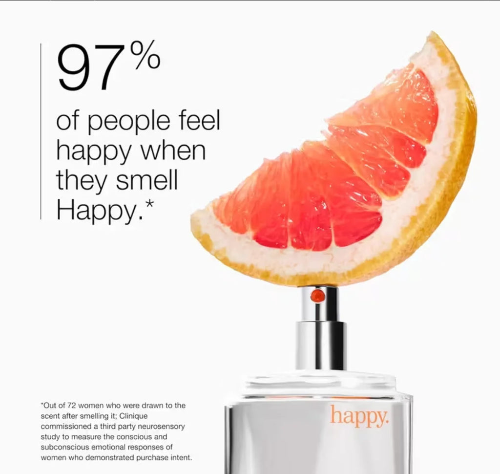 Clinique Happy perfume for women: 3.4oz citrus spray in a glass bottle with fresh grapefruit notes for a floral scent.