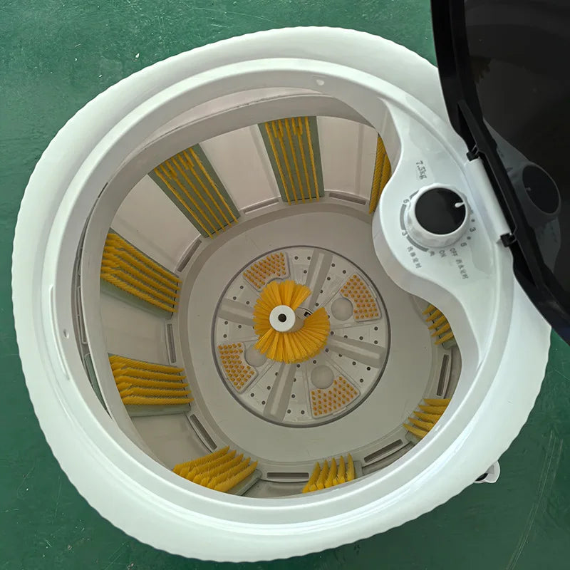 Automatic shoe washing machine open wash tub with orange brush rows and central rotating brush