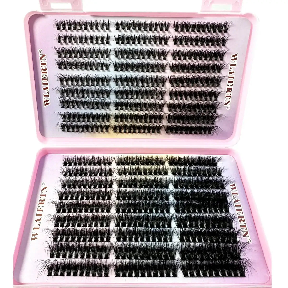 Individual black faux-mink eyelash clusters organized in a pink rectangular storage case for professional application.