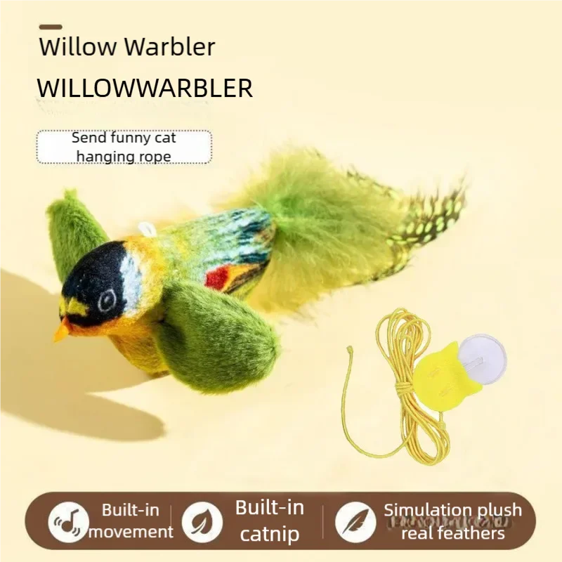 Interactive electric plush bird cat toy with chirping sound, real feathers, and hanging rope for engaging play.