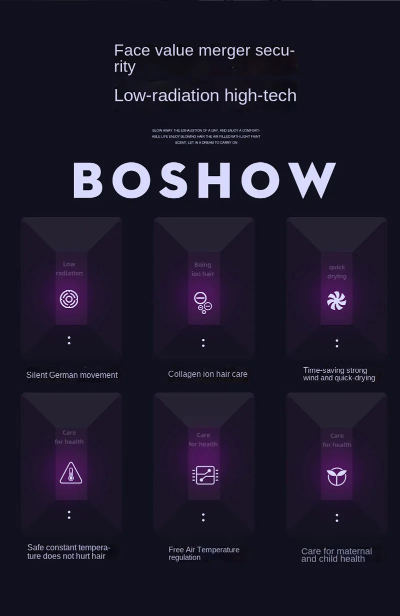 BOSHOW high-power negative ion hair dryer, silent quick-dry tech with constant temperature for healthy hair care.