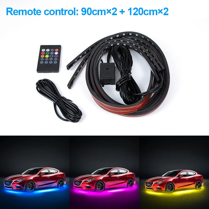 LED strip lights for car underglow with remote control, two 90cm and two 120cm black flexible strips and cables.