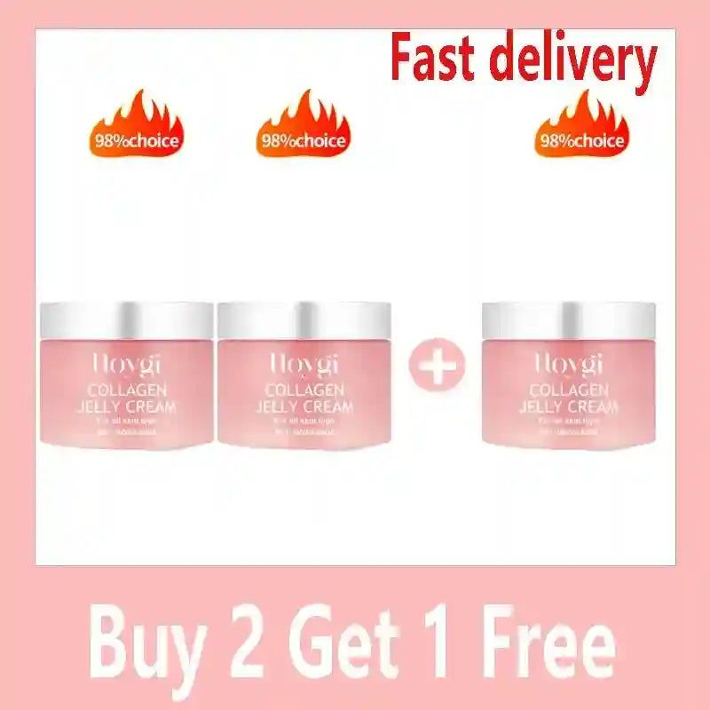 Three jars of Hoygi Collagen Jelly Cream in pink packaging with silver lids, featuring "98% choice" fire icons.