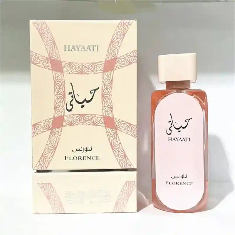 Hayaati Florence Eau de Parfum: A floral, long-lasting Middle Eastern scent in a sleek rectangular bottle with gift box.
