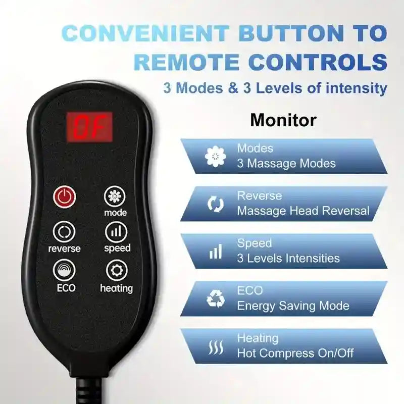 Black remote control for electric foot massager with LED display, 3 massage modes, speed levels, heat and ECO settings.