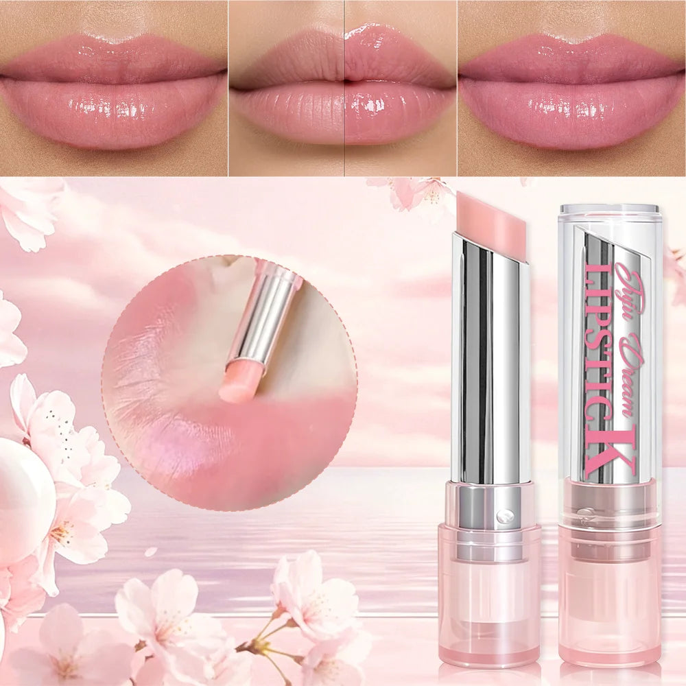 Pink magic color-changing lip balm with a hydrating, glossy texture for a natural, moisturizing pink lip makeup look.