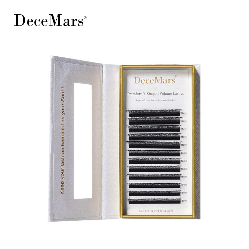 DeceMars black Y-shaped volume eyelash extension strips in a white and gold labeled storage tray.