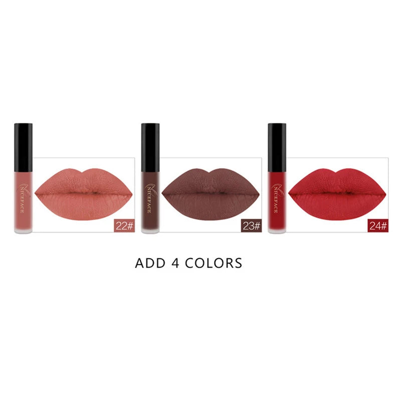 Waterproof matte liquid lipsticks in shades 22, 23, and 24 featuring long-lasting, highly pigmented cosmetic colors.