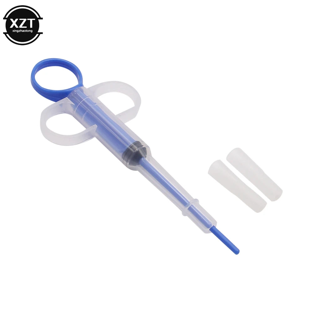 Blue plastic pet pill dispenser syringe for easy medicine, tablet, and water feeding for dogs, cats, and puppies.