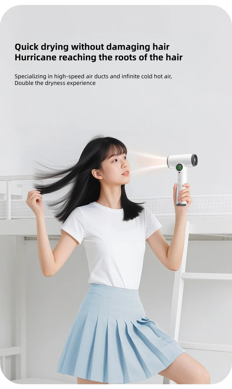Portable white wireless hair dryer with digital display, ideal for travel, dormitory, and quick damage-free drying.