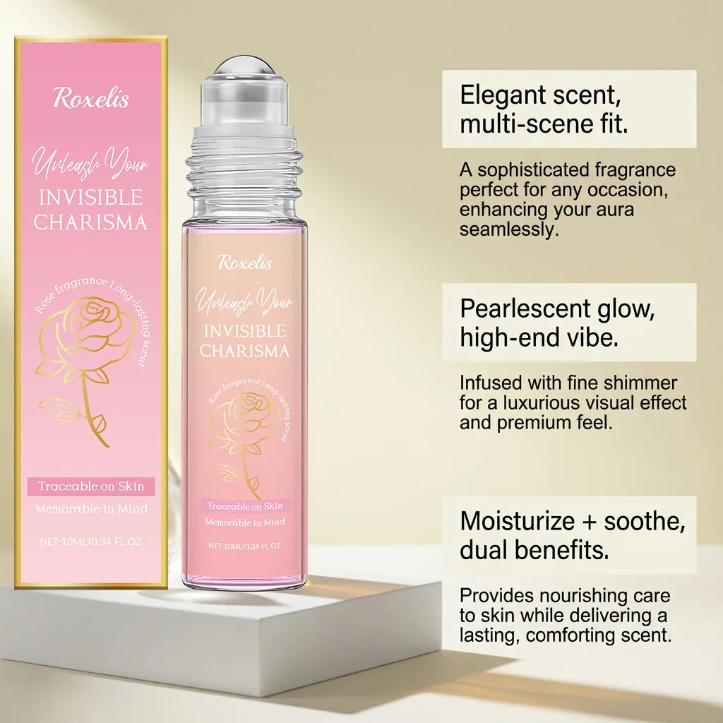 Roxelis Women’s Rose Perfume: Elegant long-lasting floral scent in a portable shimmering glass rollerball bottle.