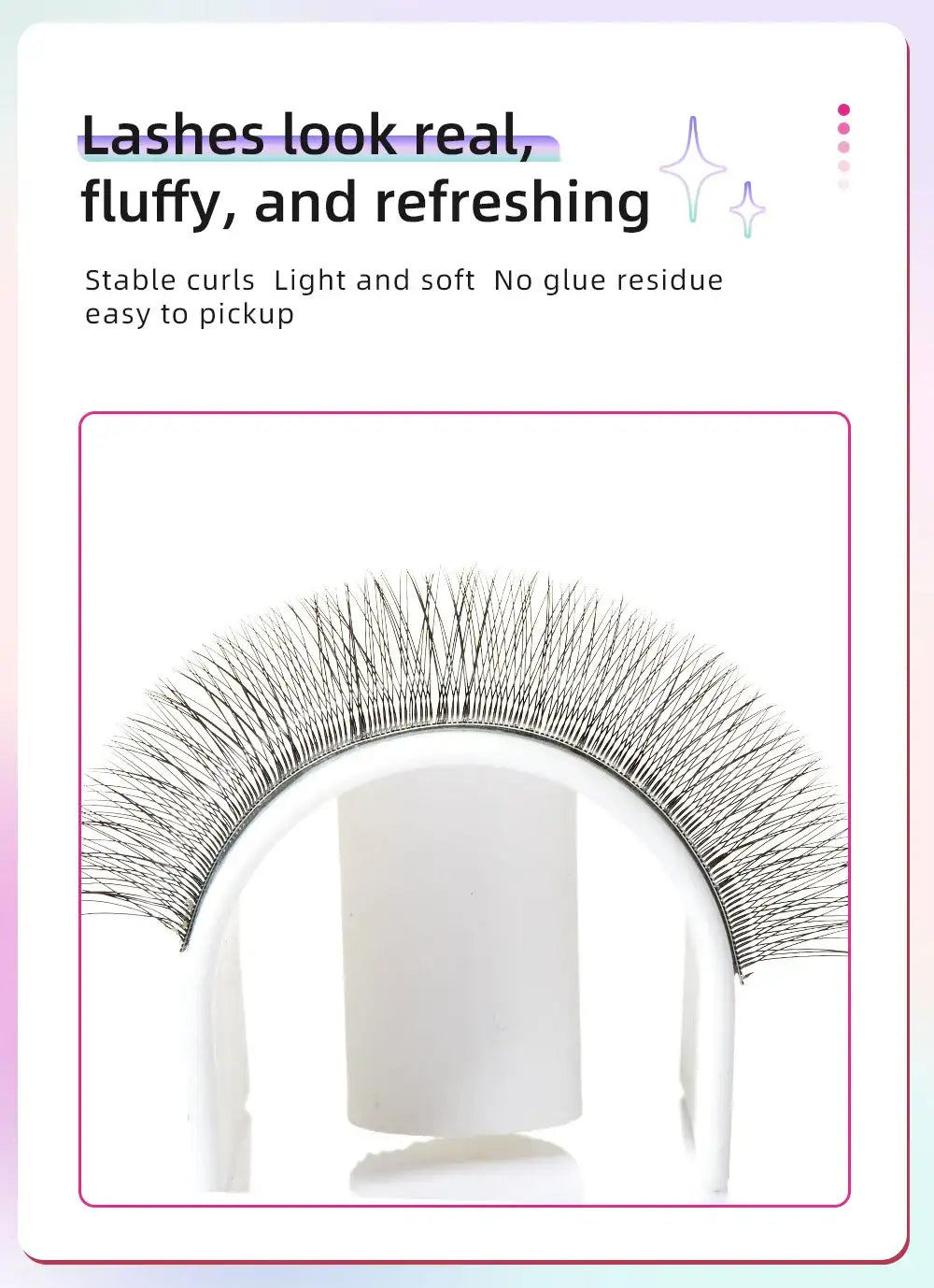 Dark brown, ultra-thin 2D Y-lash extension fans arranged in a curved arc on a white holder.