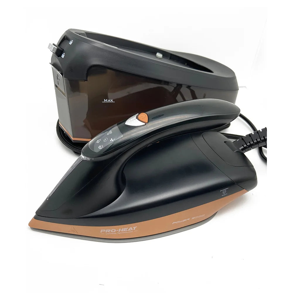 Black steam iron with ceramic soleplate, 1.5 L tank, and side steam controls