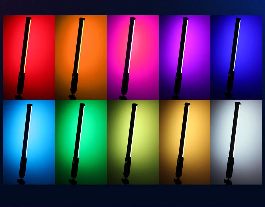 LED light wand showing 10 different colors and white light settings for photography and video lighting.