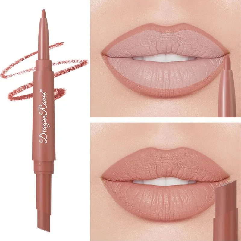 Dual-ended nude matte lip liner and lipstick pencil for long-lasting, waterproof, full-coverage lip makeup.