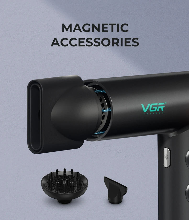 VGR professional black hair dryer with magnetic nozzle attachments and advanced brushless motor for salon styling.