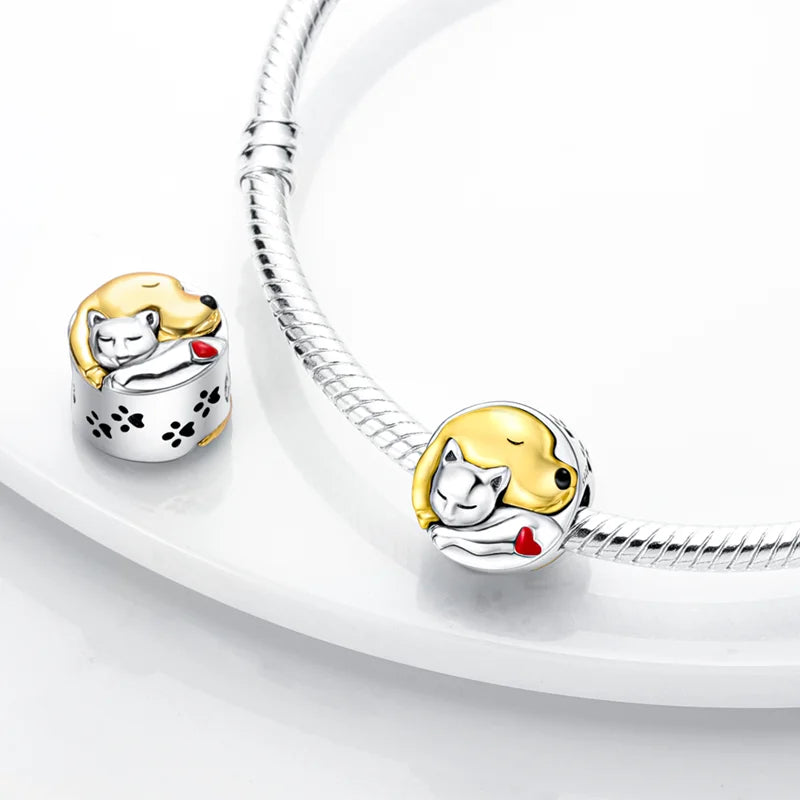 925 sterling silver dog and cat charm bead for bracelets, featuring gold and silver finish for pet lovers' DIY jewelry.