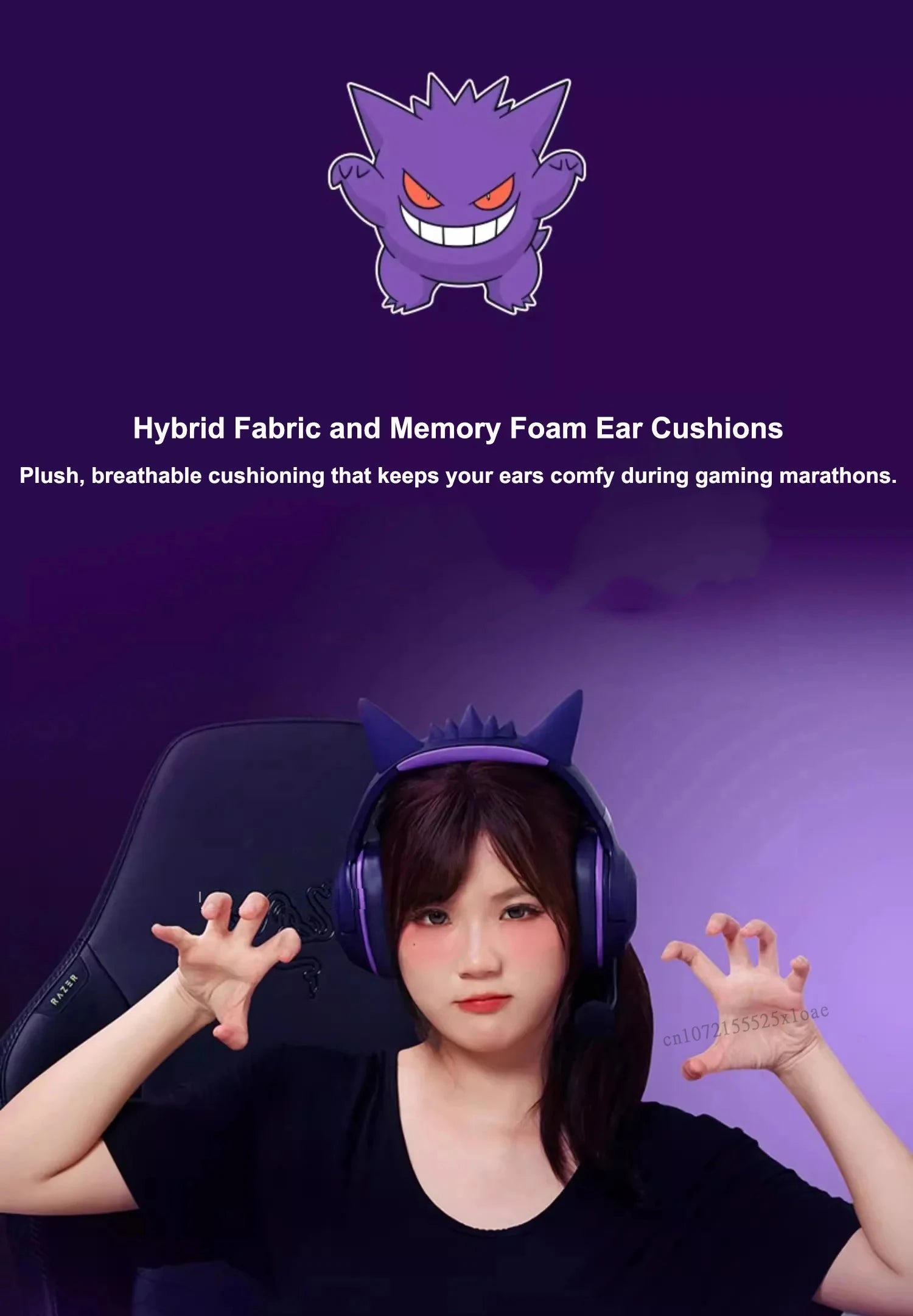 Razer Gengar Kraken Kitty V2 RGB Wired Gaming Headset - Gengar Purple Tidesmit