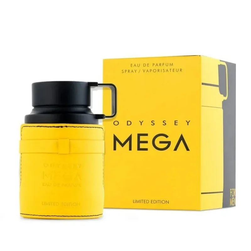 Armaf Odyssey Mega: 100ml men's Eau de Parfum. Yellow leather-wrapped bottle, unique spray cap, premium Dubai cologne.