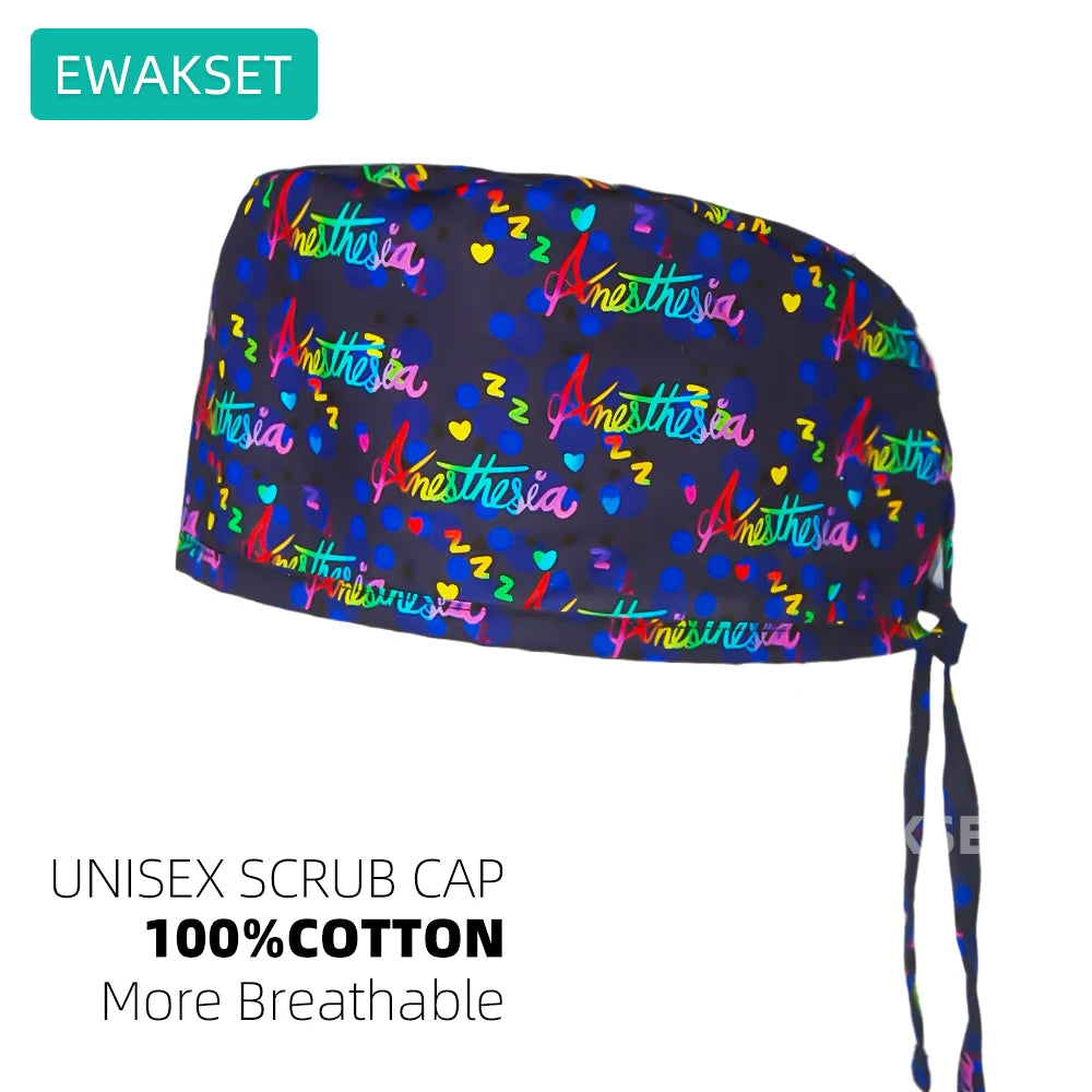 Unisex cotton scrub cap for vet, medical, or pet shop use. Adjustable tie-back design with colorful anesthesia print.