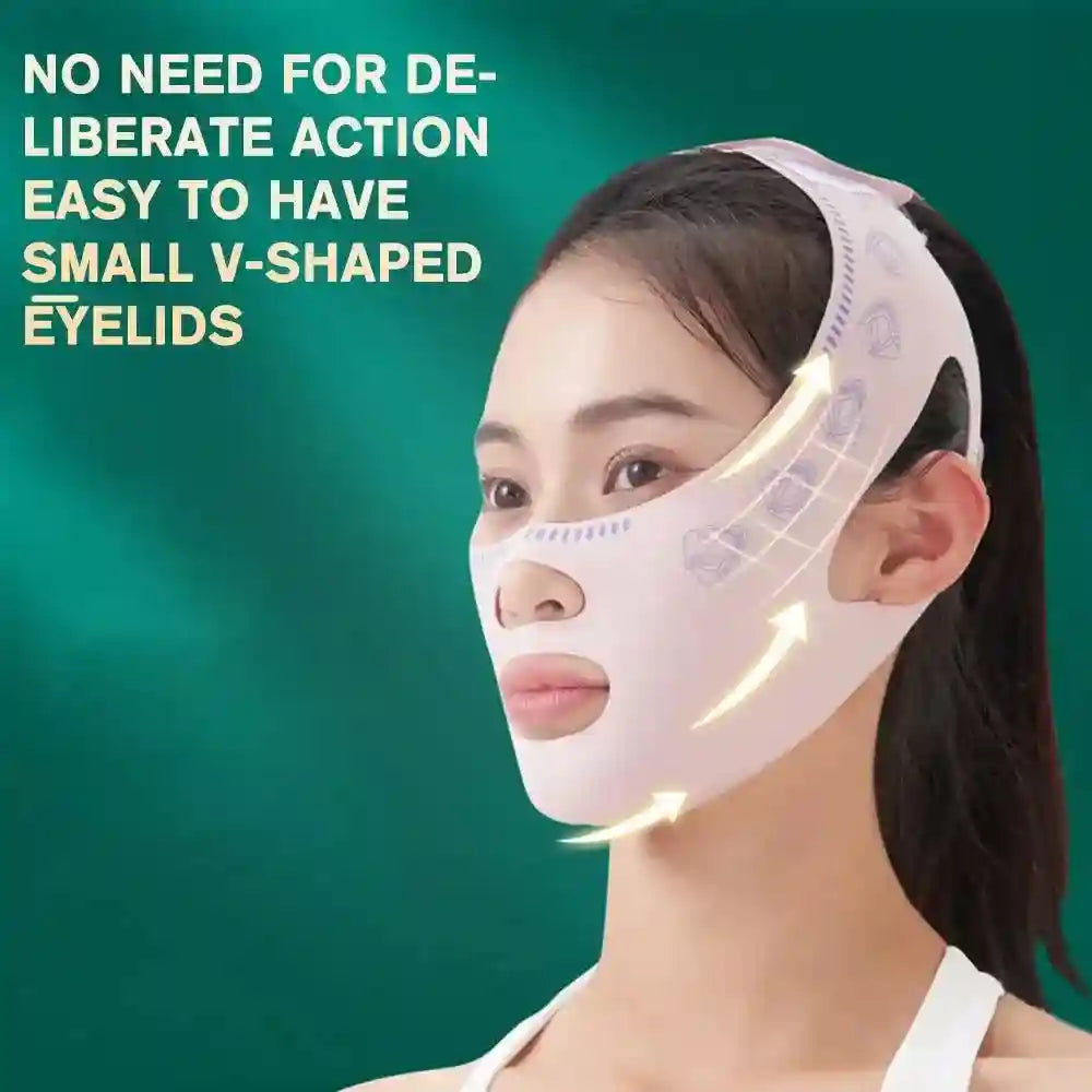 A woman wears a light pink, fabric V-line lifting face mask with a patterned design on a dark green background.