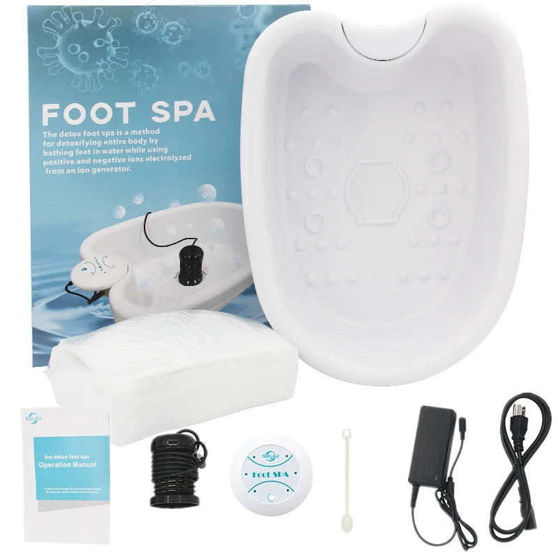 White electric ionic detox foot spa basin with ion array, power adapter, and instruction manual for home health therapy.
