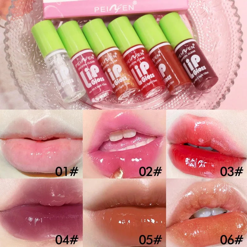 6-piece hydrating lip gloss set in transparent and tinted shades with a glossy, plumping, non-sticky finish.