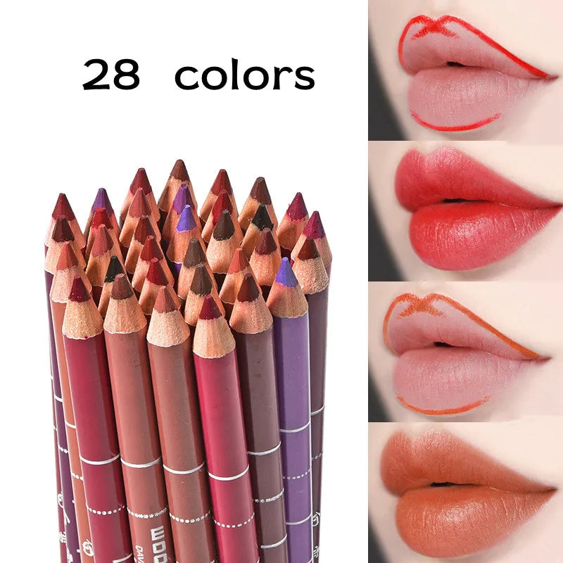 28-color waterproof velvet matte lip liner and lipstick pen set for precise, long-lasting lip makeup application.