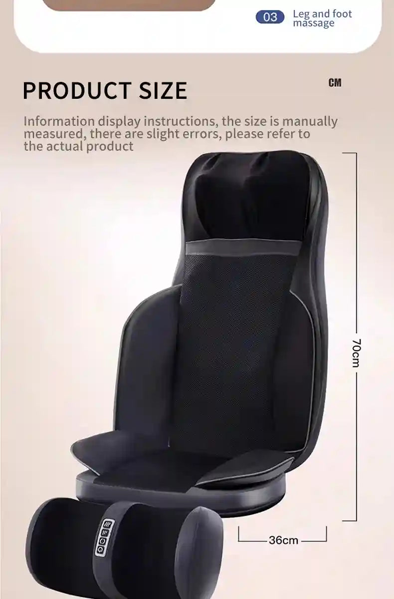 Black shiatsu massage chair pad with separate cylindrical leg massager, featuring mesh fabric and height dimensions.