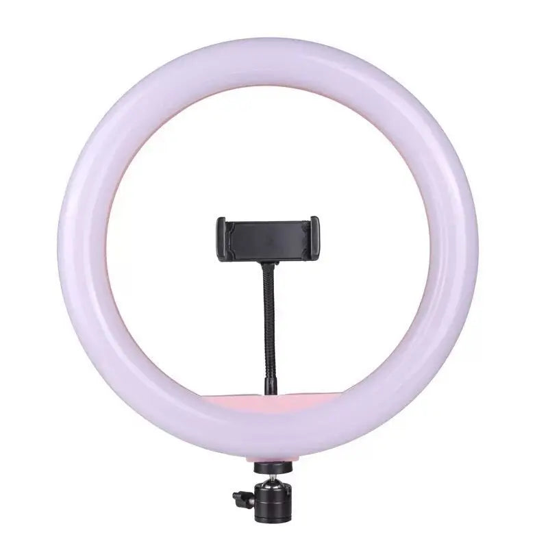 Pink ring light with a central adjustable black phone mount and a bottom ball-head tripod connector.