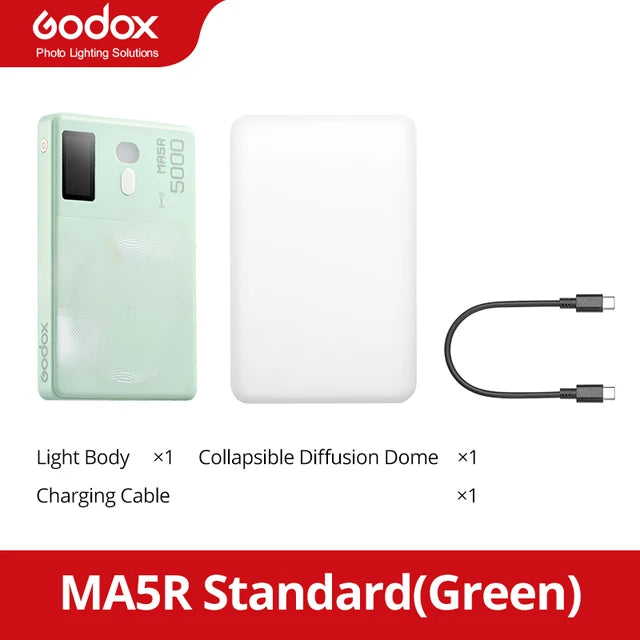 MA5R light kit in green, including a rectangular LED body, white diffusion dome, and USB-C charging cable.