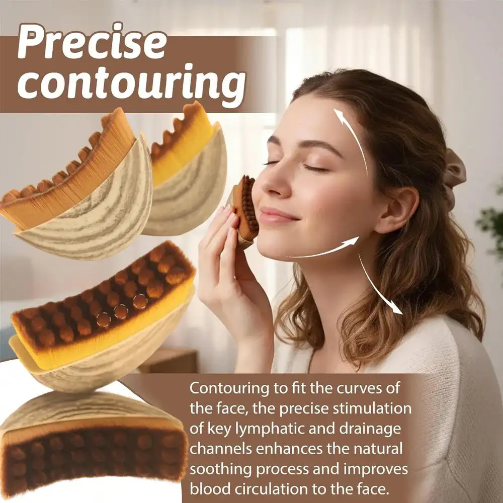 A woman using a curved, marble-patterned lymphatic face brush with soft brown bristles to massage her jawline.