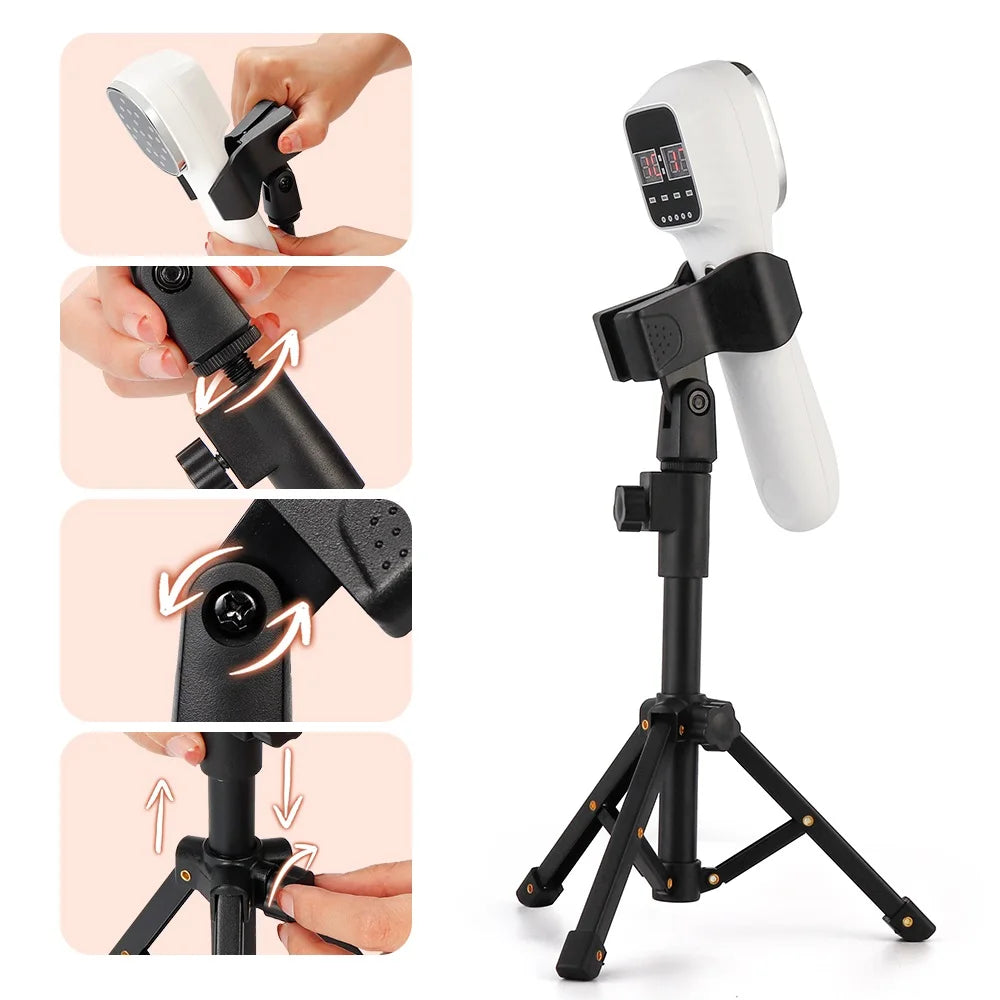 White handheld infrared therapy device mounted on a black adjustable tripod stand with detailed assembly illustrations.