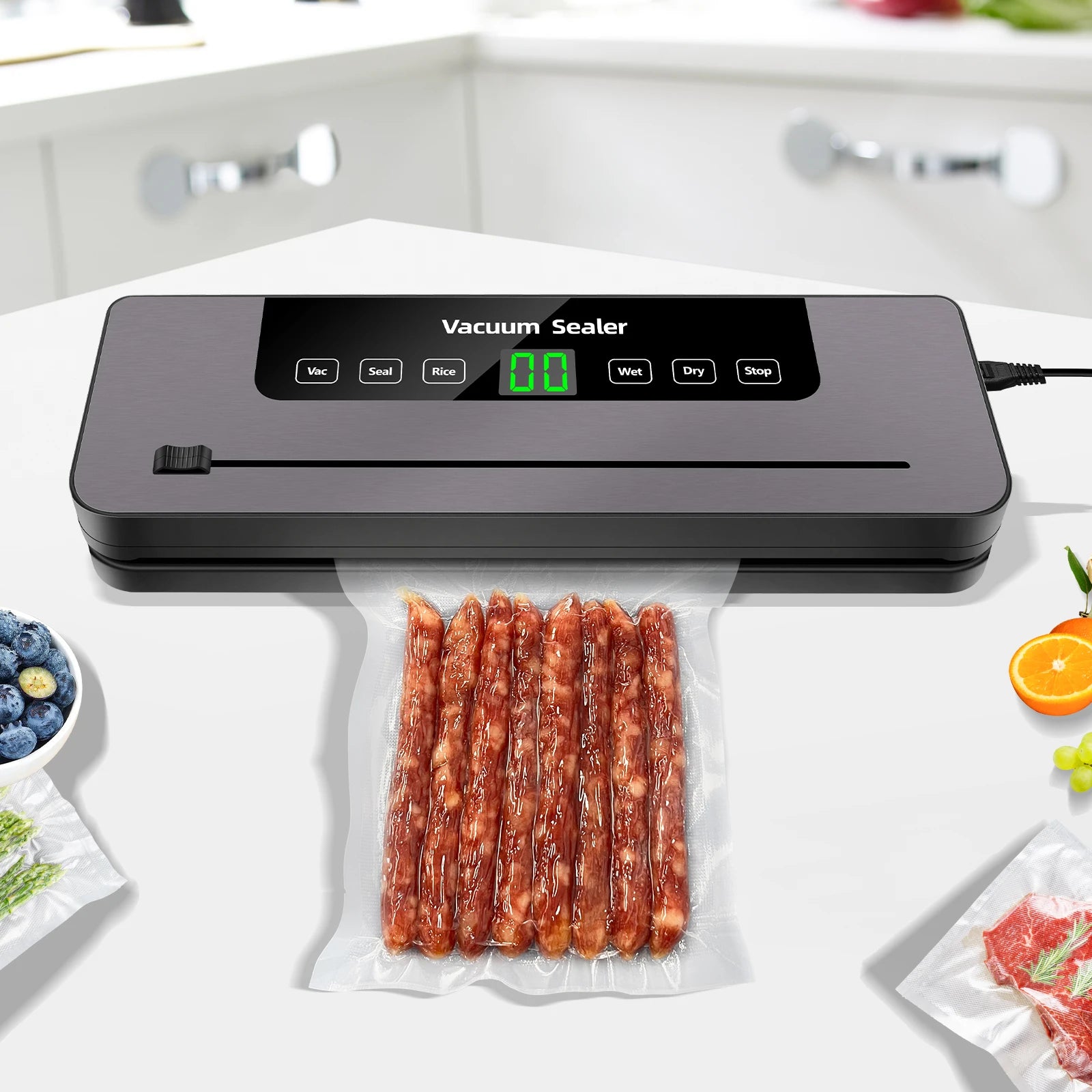 Tidesmit DayPlus vacuum sealer machine showing seal settings for dry and wet food with included vacuum bags