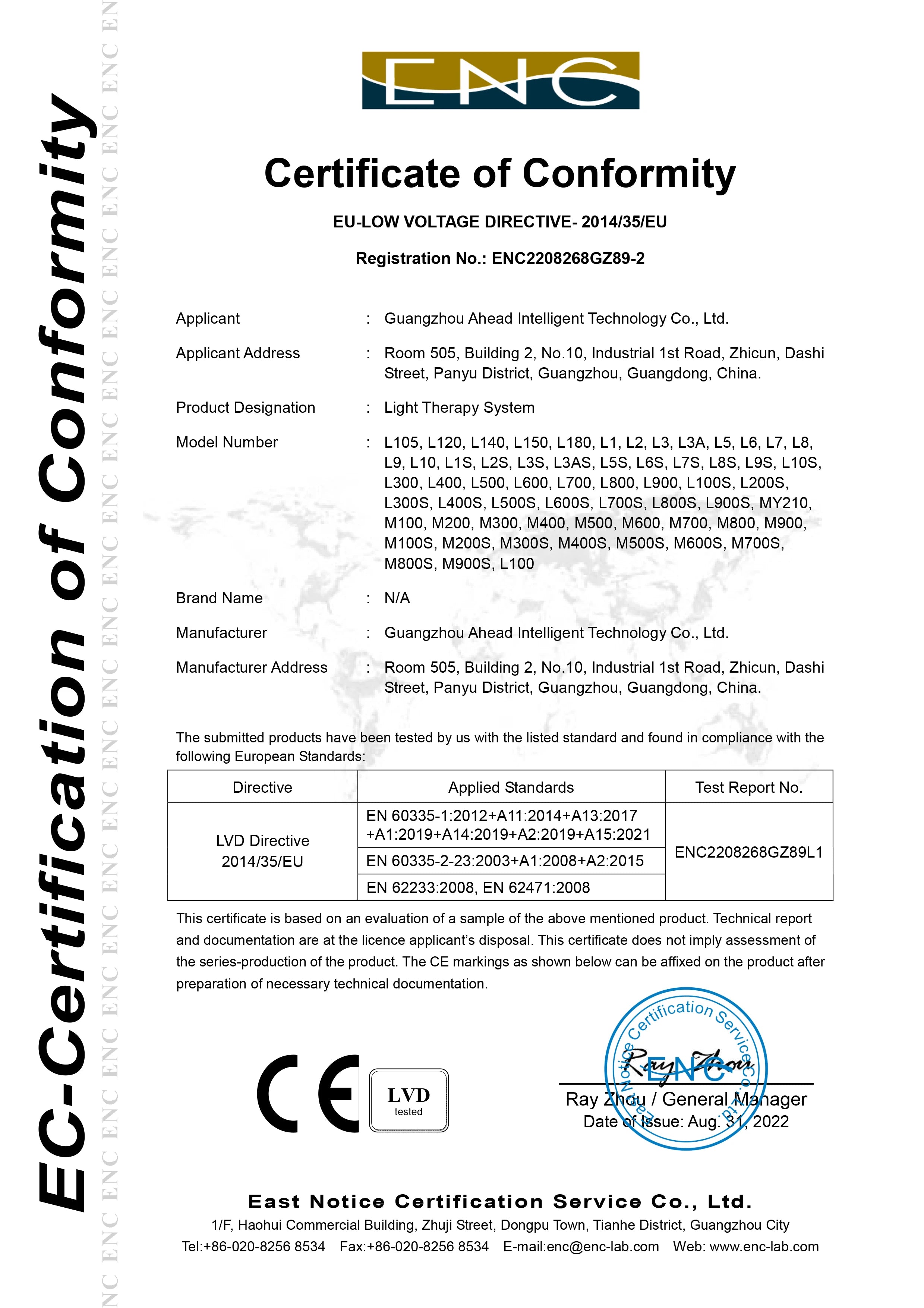 An ENC Certificate of Conformity document for a light therapy system, displaying technical standards and CE compliance.