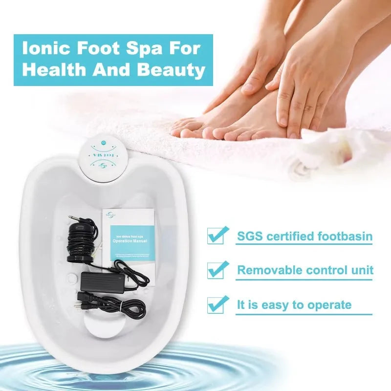 White ionic detox foot spa machine with control unit, power cord, and array for home health therapy and foot massage.