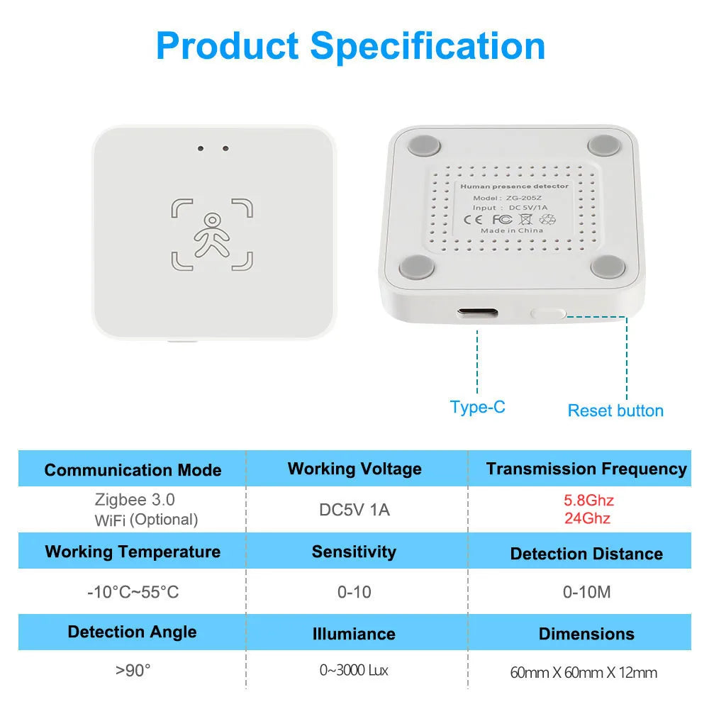Tuya WiFi / Zigbee Human Presence Detector 24G,Luminance/Distance Detection, Smart Human Body PIR Sensor Support Home Assistant