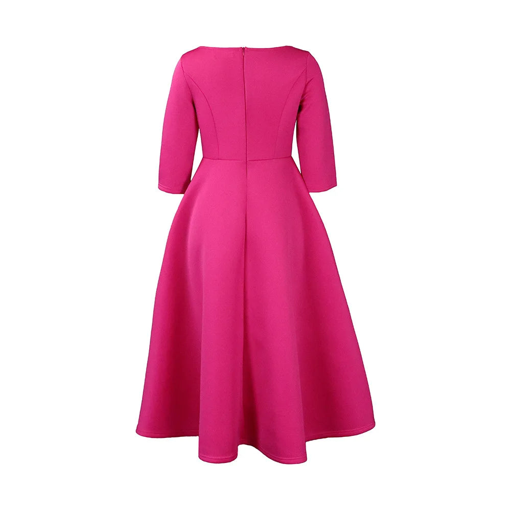 Elegant Pure Color Maxi Dress Evening Gown A- Line Skirt Polyester Fabric round Neck Short Sleeve High Waist Midi Dress
