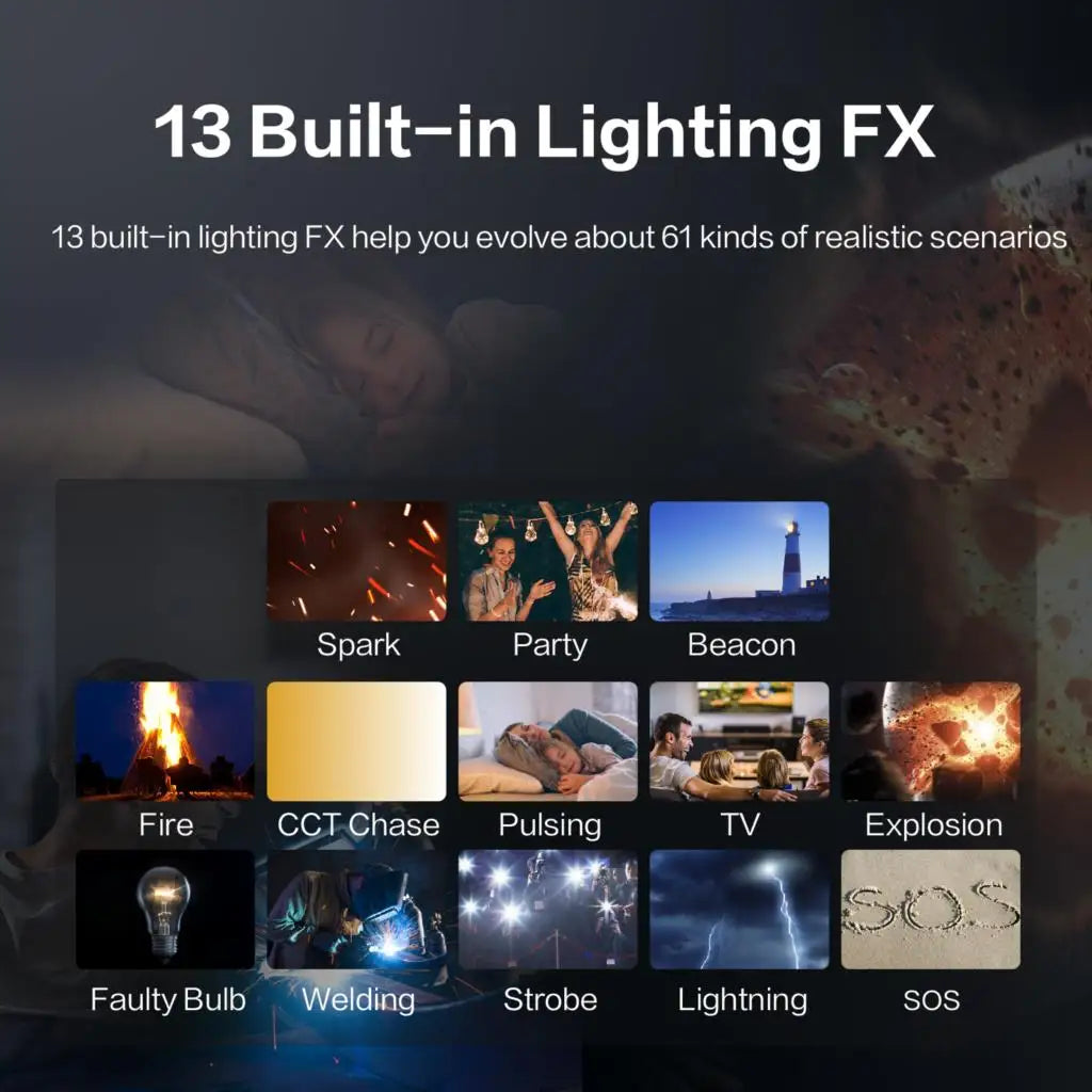 A grid of 13 lighting effect icons including fire, TV, lightning, and SOS to simulate realistic scenarios.