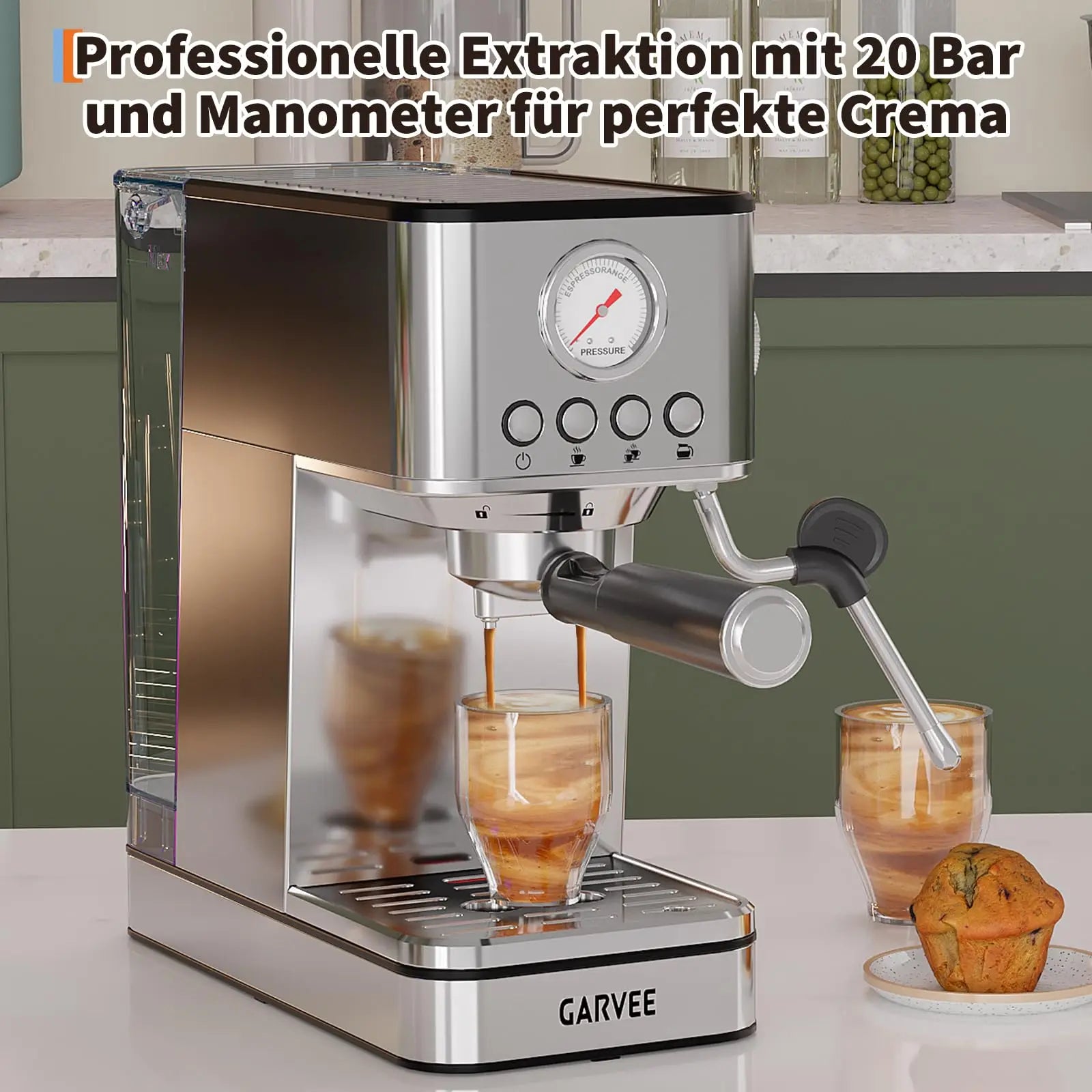 Garvee 20-bar stainless steel espresso machine with integrated pressure gauge, steam wand, and removable water tank.