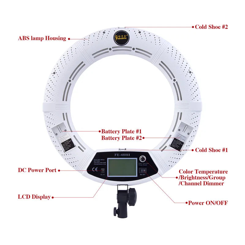 White circular LED ring light with ABS housing, LCD display, battery plates, cold shoes, and DC power port.