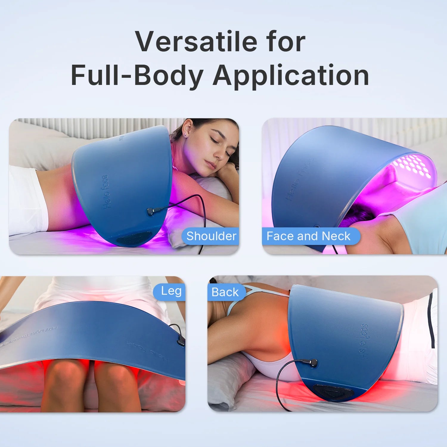 A blue, curved Hello Face LED light therapy device being used on the shoulder, face, neck, leg, and back.