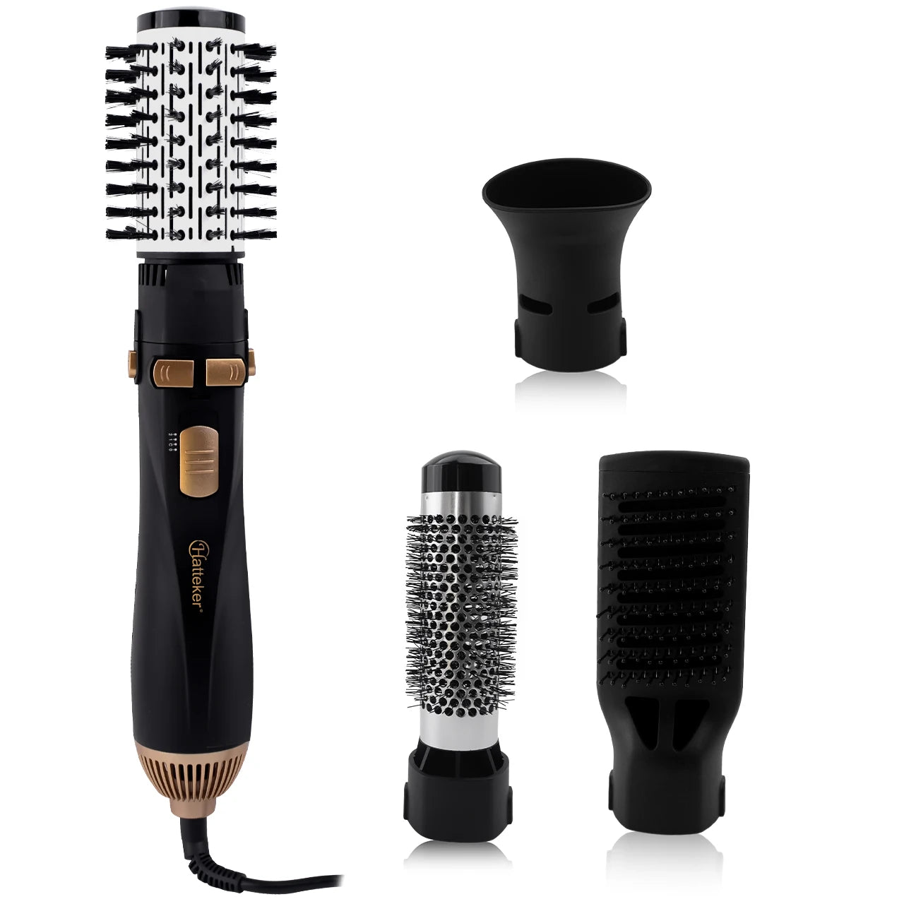 Hatteker 4-in-1 black and gold hot air brush hair dryer set with styling attachments for curling and straightening.