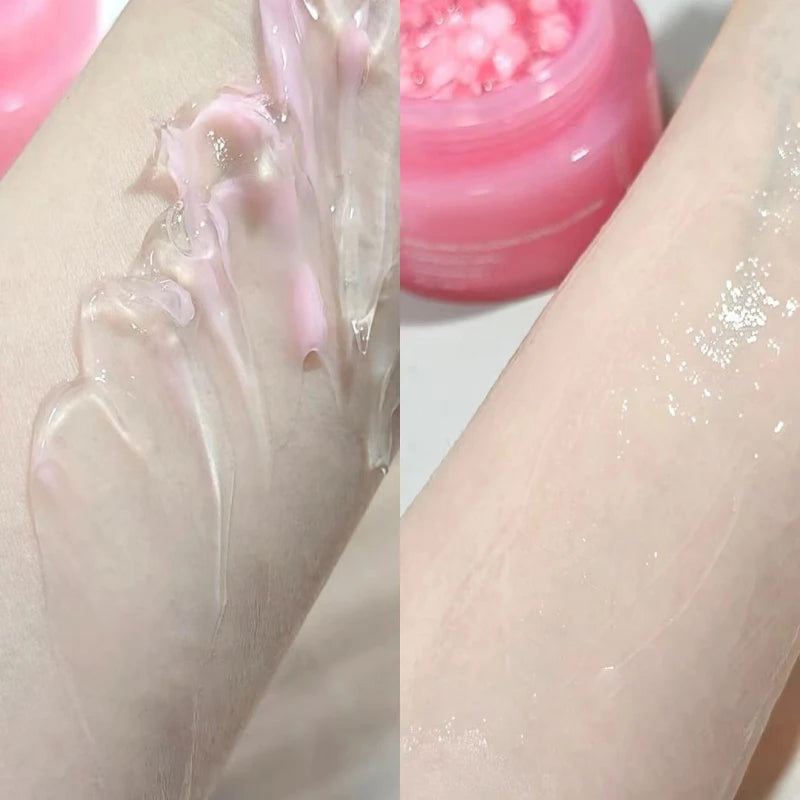 Pink capsule cream in a jar, shown applied to skin with a lightweight, translucent, and hydrating texture.