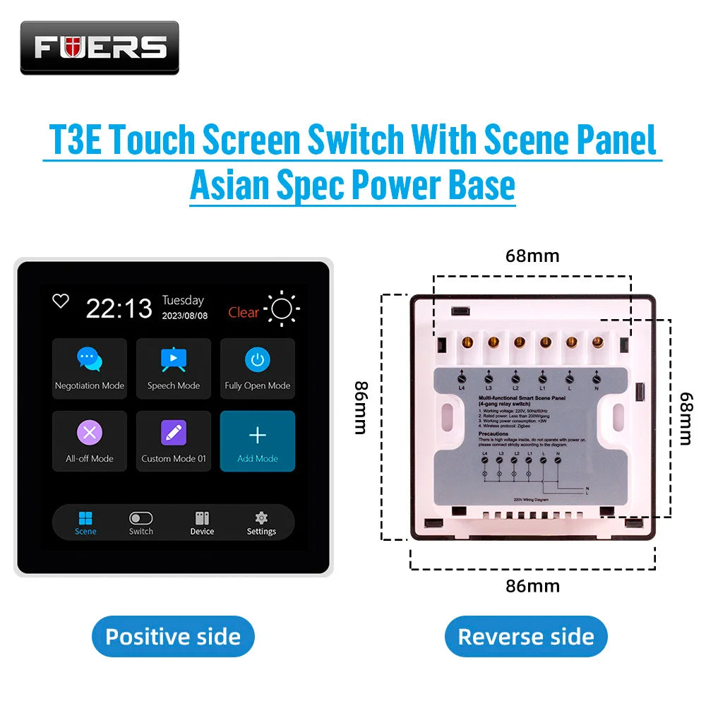 Smart Wall Switch 4 Inch Zigbee Touch Screen Control Panel for EU Homes Asain Wall Switch Tidesmit