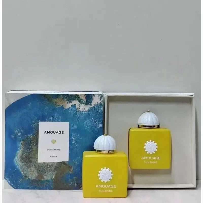 Amouage Sunshine Woman EDP 100ml: luxury square yellow perfume bottle, white dome cap, oriental floral Arabian scent.